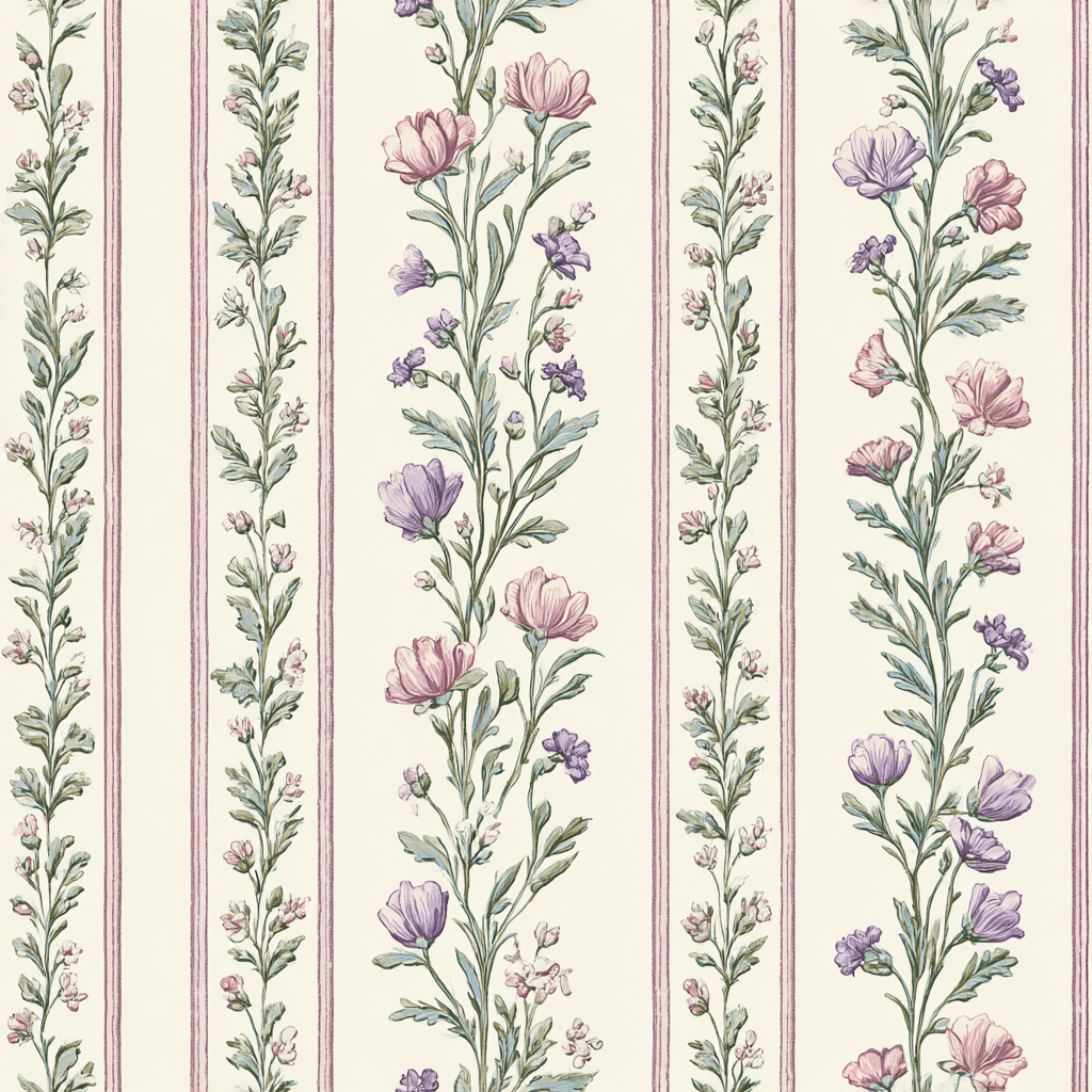 Floral wallpaper with pink, purple, and green sweet pea design over ivory background with vertical stripes.