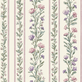 Floral wallpaper with pink, purple, and green sweet pea design over ivory background with vertical stripes.