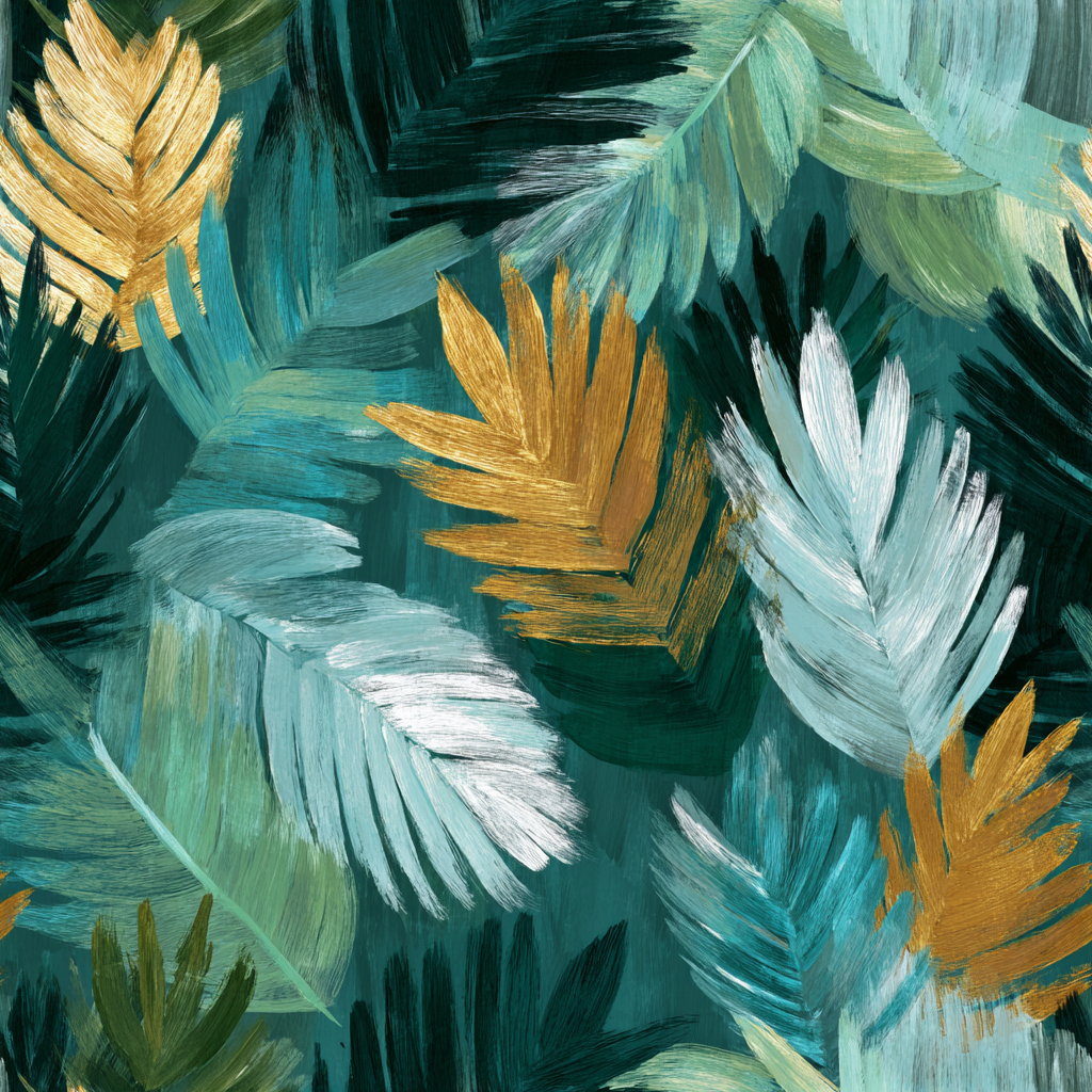 Palm wallpaper with tropical leaf pattern, in shades of green, gold, and white.
