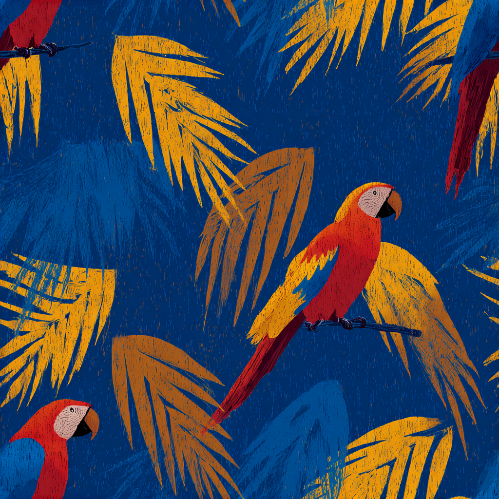 Blue patterned wallpaper with parrots and palm fronds.