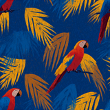 Blue patterned wallpaper with parrots and palm fronds.