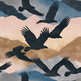 Patterned wallpaper with condor birds from Surface View, set against textured mountain landscape in a linocut style.

