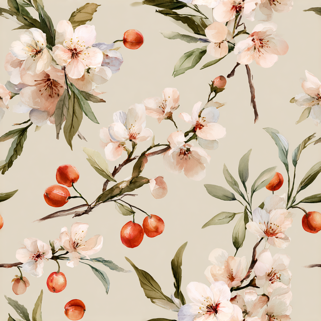 Floral cherry bloom wallpaper with peach and green details on a beige background.