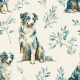 Blueleaf Aussies wallpaper with repeating dog and foliage pattern on a light cream background.