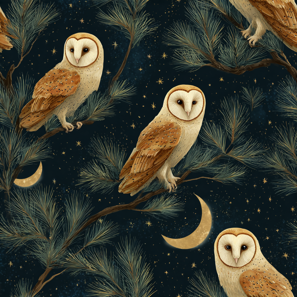 Barn owl wallpaper with moon and star pattern on a dark blue background.
