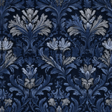 Indigo wallpaper with a floral damask pattern.