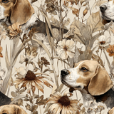 Patterned wallpaper with beige backdrop by Biscuit Reverie, featuring beagle dogs and goldenrod flowers.