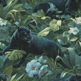 Black wallpaper with panther pattern amidst lush tropical foliage.