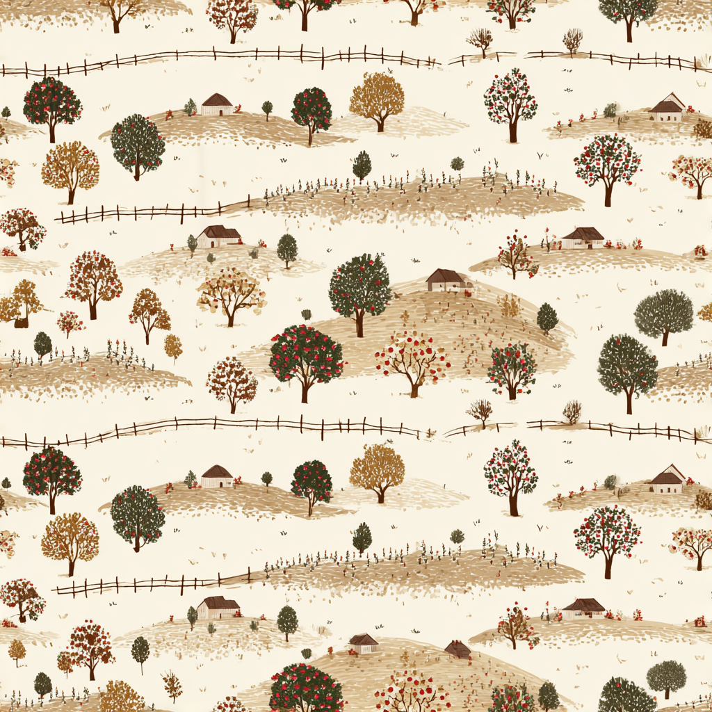 Applegate Acres Wallpaper with a village and tree pattern, featuring brown, beige, and red hues.
