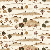 Applegate Acres Wallpaper with a village and tree pattern, featuring brown, beige, and red hues.
