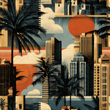Sunburnt Skyline Wallpaper with palm tree and building illustration, sunset-themed design.