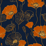 Saffron Silhouette Wallpaper with golden poppy pattern against a dark navy background.