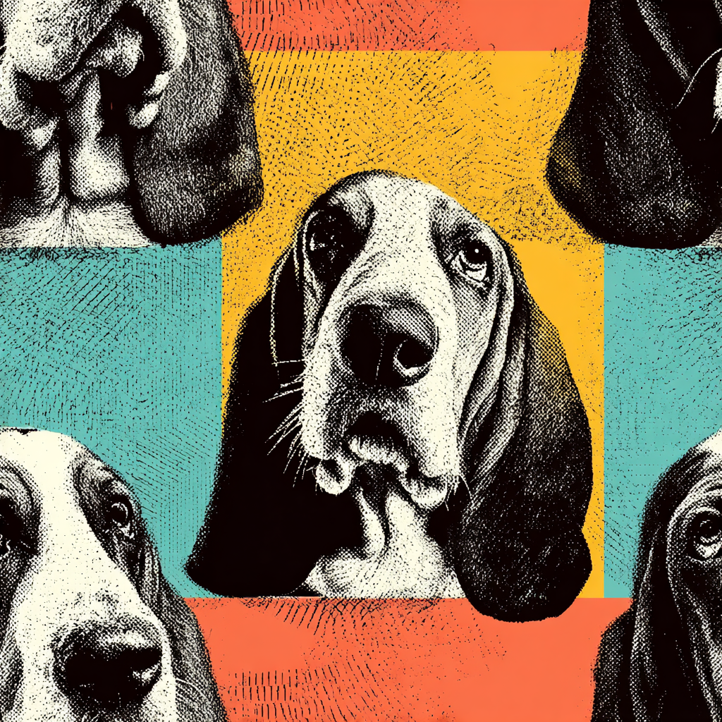 Mod Basset wallpaper with a repeating dog portrait pattern against orange, yellow, and teal squares.
