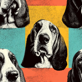 Mod Basset wallpaper with a repeating dog portrait pattern against orange, yellow, and teal squares.
