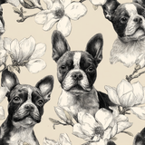 Floral wallpaper with Boston terrier pattern by Wallpaper Republic, featuring white magnolias on a light beige backdrop.
