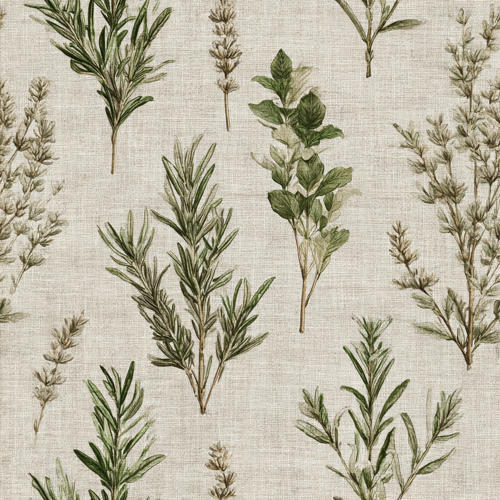 Botanical wallpaper with herb pattern on a woven fabric texture.