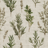Botanical wallpaper with herb pattern on a woven fabric texture.