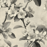 Botanical print wallpaper with an etching pattern of flowering branches.