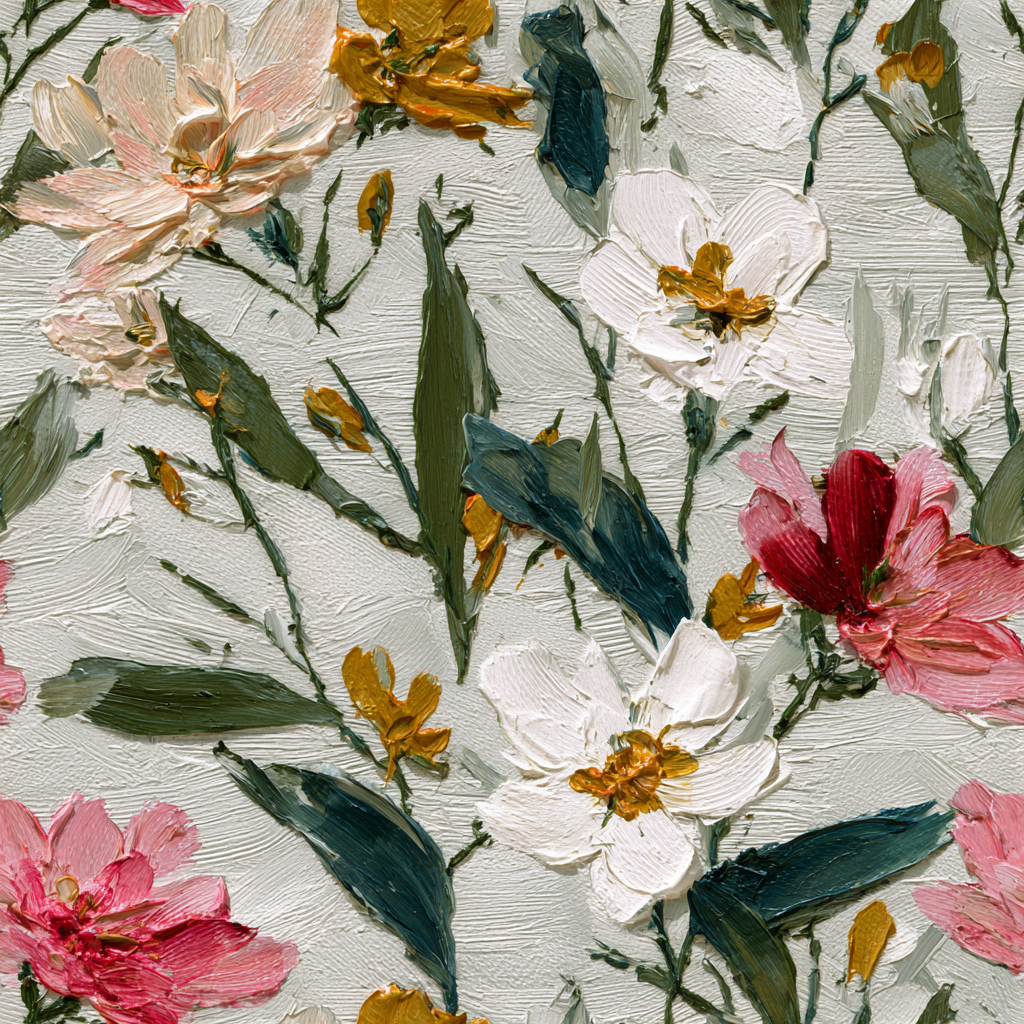 Floral pattern wallpaper with red, pink, yellow, and white flowers, with a visible thick paint texture.