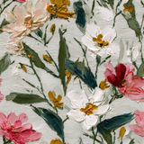 Floral pattern wallpaper with red, pink, yellow, and white flowers, with a visible thick paint texture.
