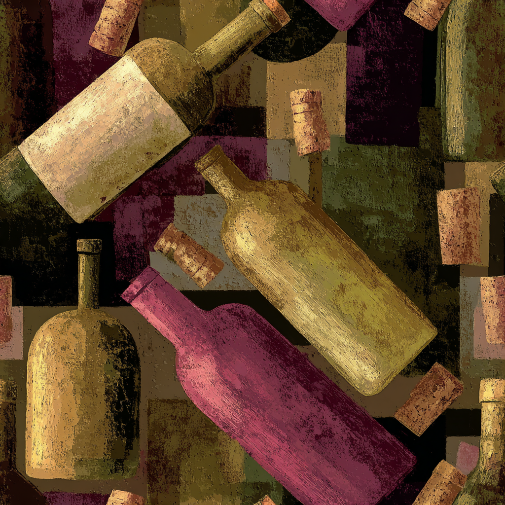 Wine bottle pattern wallpaper with wine cork accents, on a textured block background.
