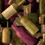 Wine bottle pattern wallpaper with wine cork accents, on a textured block background.
