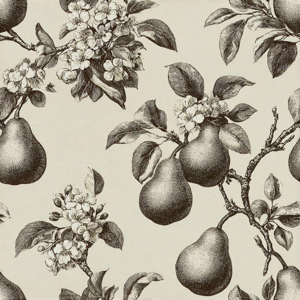Botanical print wallpaper with pear and blossom illustration.