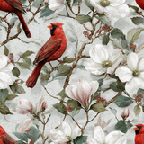 Cardinal’s Rest wallpaper with cardinal birds and white magnolias, on a light blue, textured background.