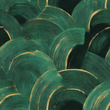 Green and gold patterned wallpaper with abstract half-circle shapes.