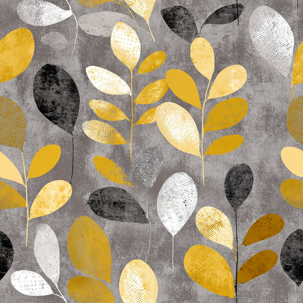 Botanical wallpaper with yellow, white, and black leaves on a textured gray background.
