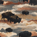 Bison Plains Wallpaper with brown, gray and cream striated pattern, featuring black bison silhouettes.
