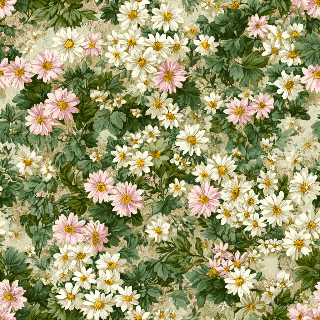 Floral print Marigold Meadow Wallpaper with pink and white daisies and green leaves on a textured background.