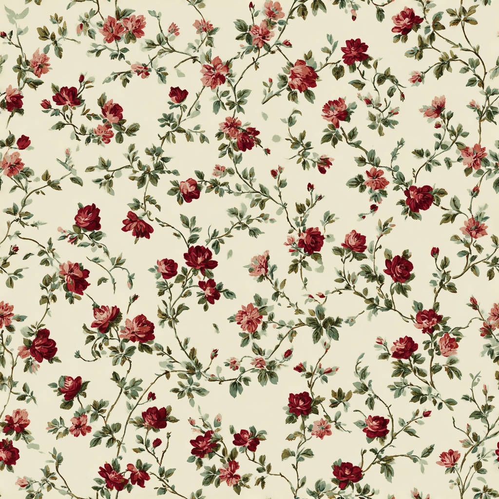 Floral Rosecroft Vine Wallpaper featuring a climbing rose pattern on a beige background.
