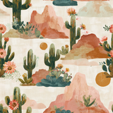 Painted mesa wallpaper with a desert landscape pattern.
