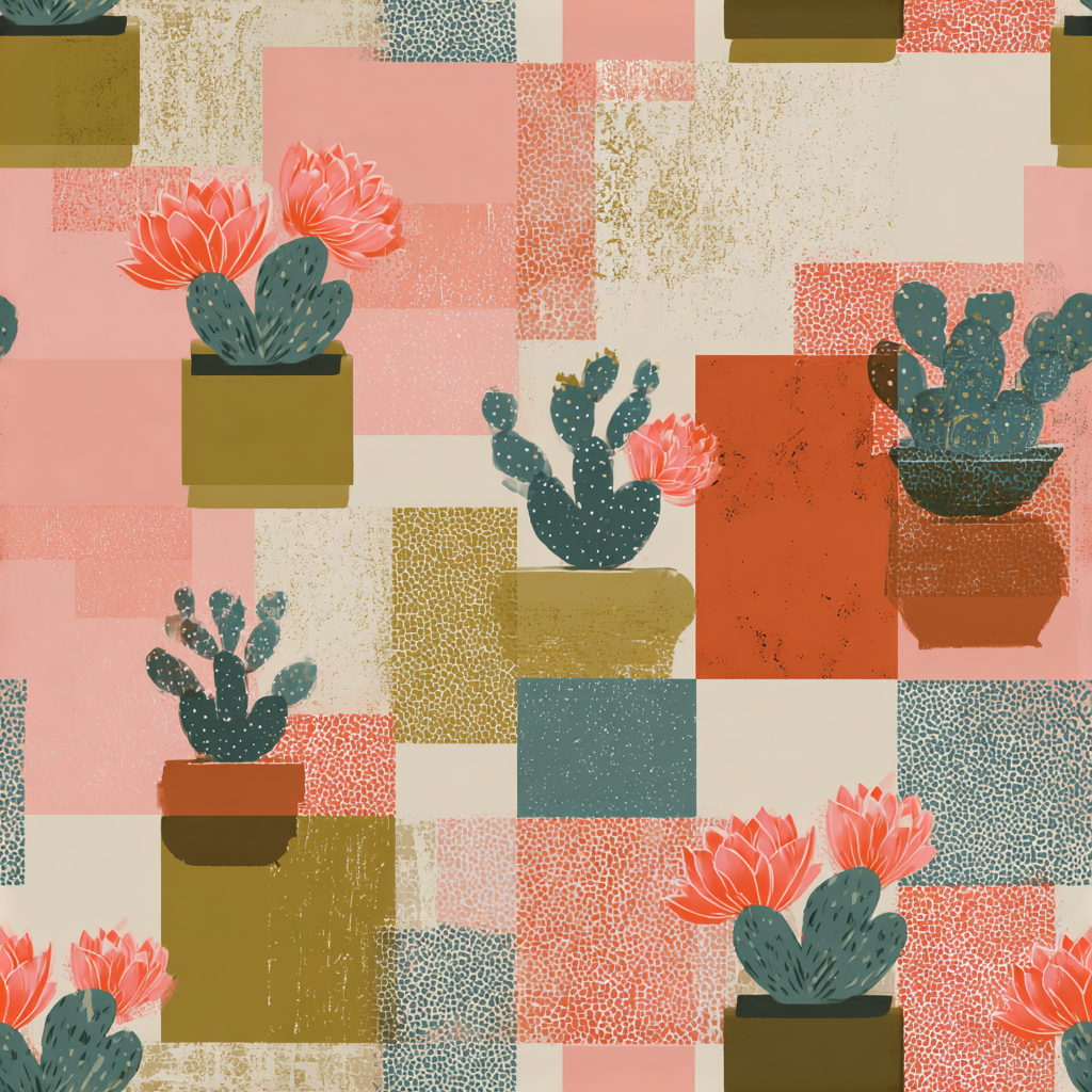 Floral cactus wallpaper with a patchwork design in shades of pink, beige, green, and rust.