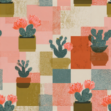 Floral cactus wallpaper with a patchwork design in shades of pink, beige, green, and rust.