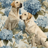 Dogs wallpaper with blue hydrangeas and green leaves.
