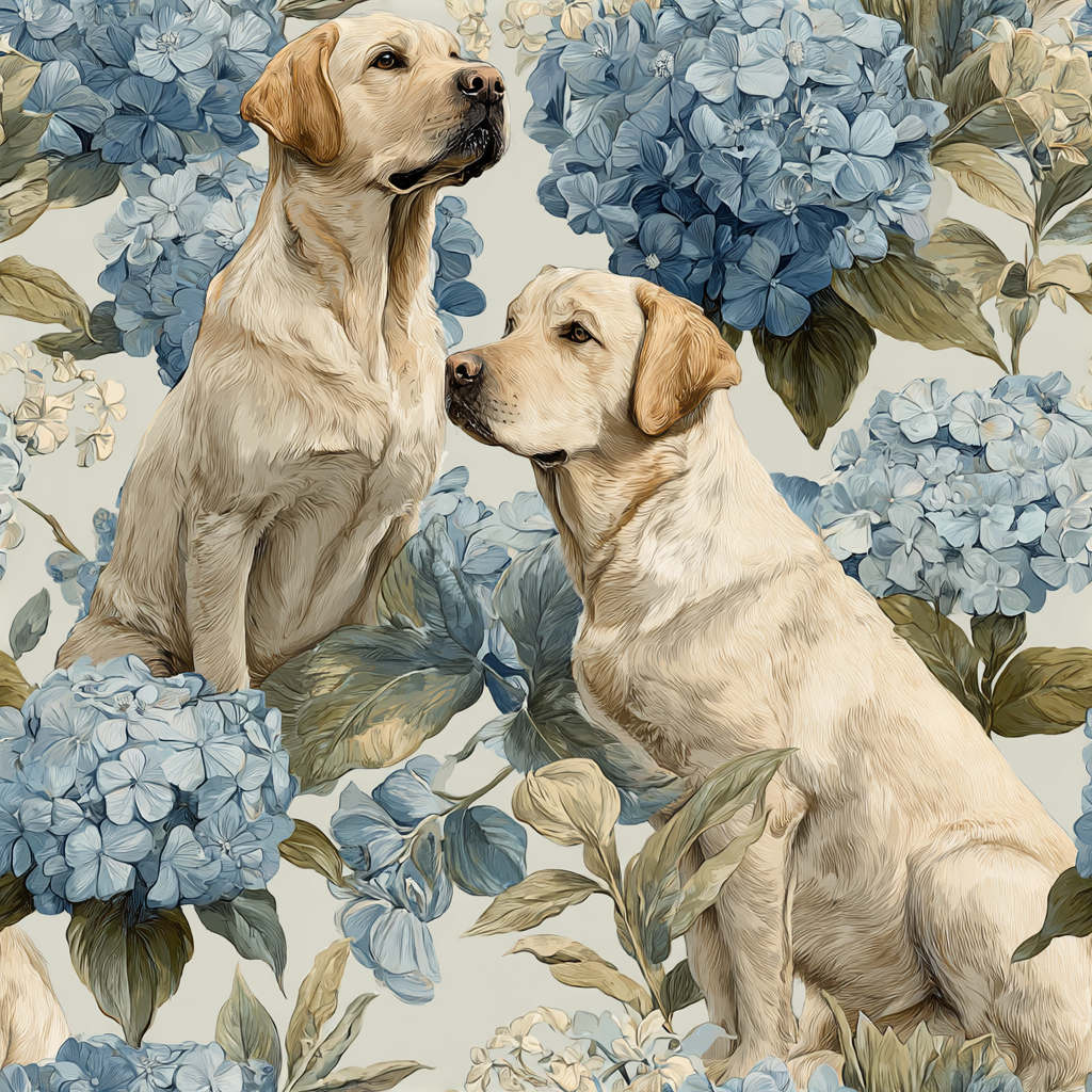 Dogs wallpaper with blue hydrangeas and green leaves.
