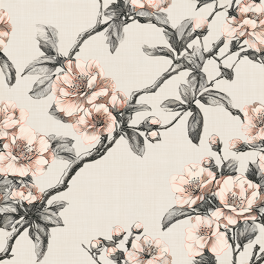 Ink Bloom Camellia wallpaper with floral pattern and black branches on a textured background.