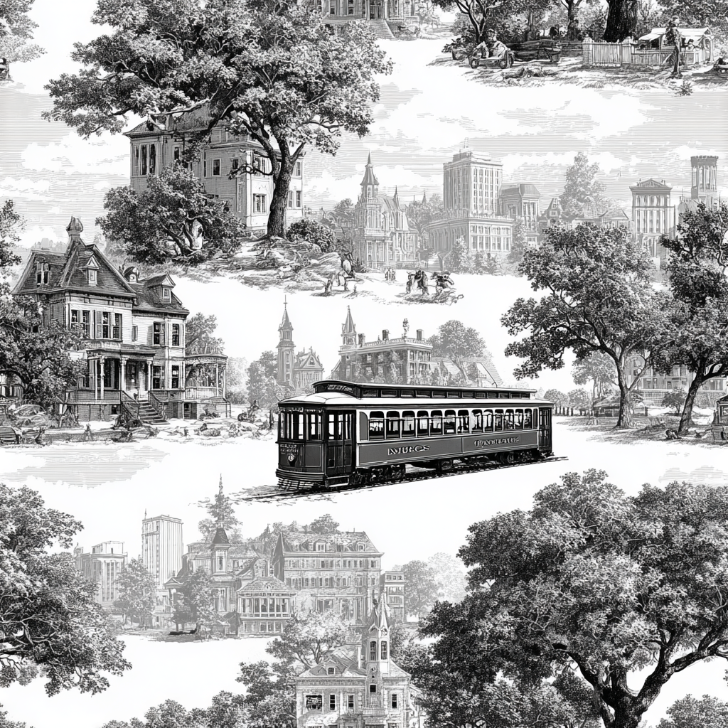 Carriageway wallpaper with a Queen’s Crossing pattern featuring Victorian-era cityscapes and tree lined streets.