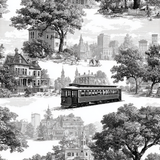 Carriageway wallpaper with a Queen’s Crossing pattern featuring Victorian-era cityscapes and tree lined streets.