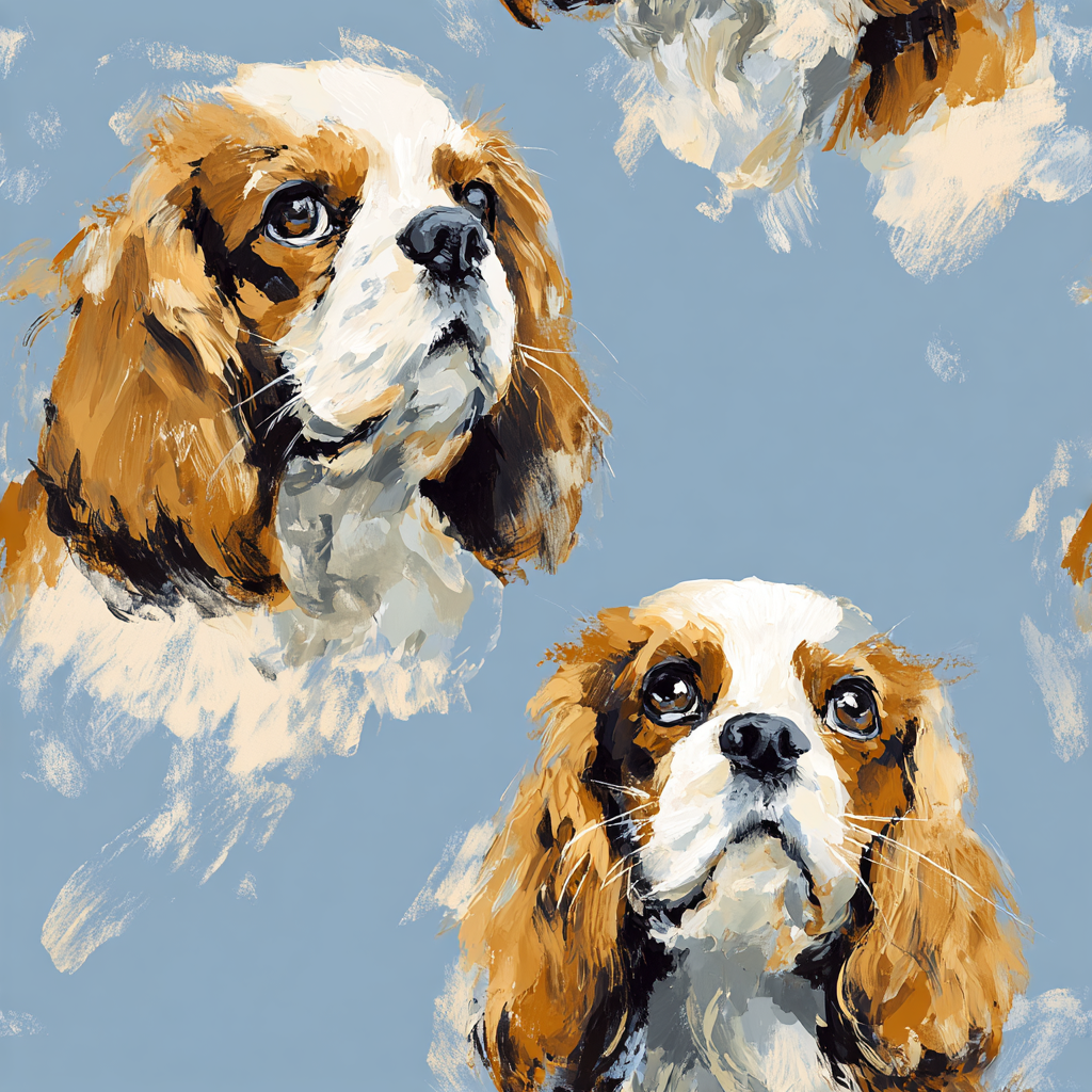 Larkspur blue wallpaper with Cavalier King Charles Spaniel head pattern.