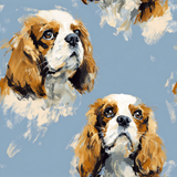 Larkspur blue wallpaper with Cavalier King Charles Spaniel head pattern.