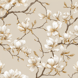 Ivory magnolia wallpaper with branching pattern on a beige backdrop.
