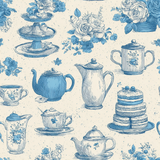 Tea & Toile Tales wallpaper featuring blue teapots, teacups, tiered stands, and floral arrangements with an off-white background.
