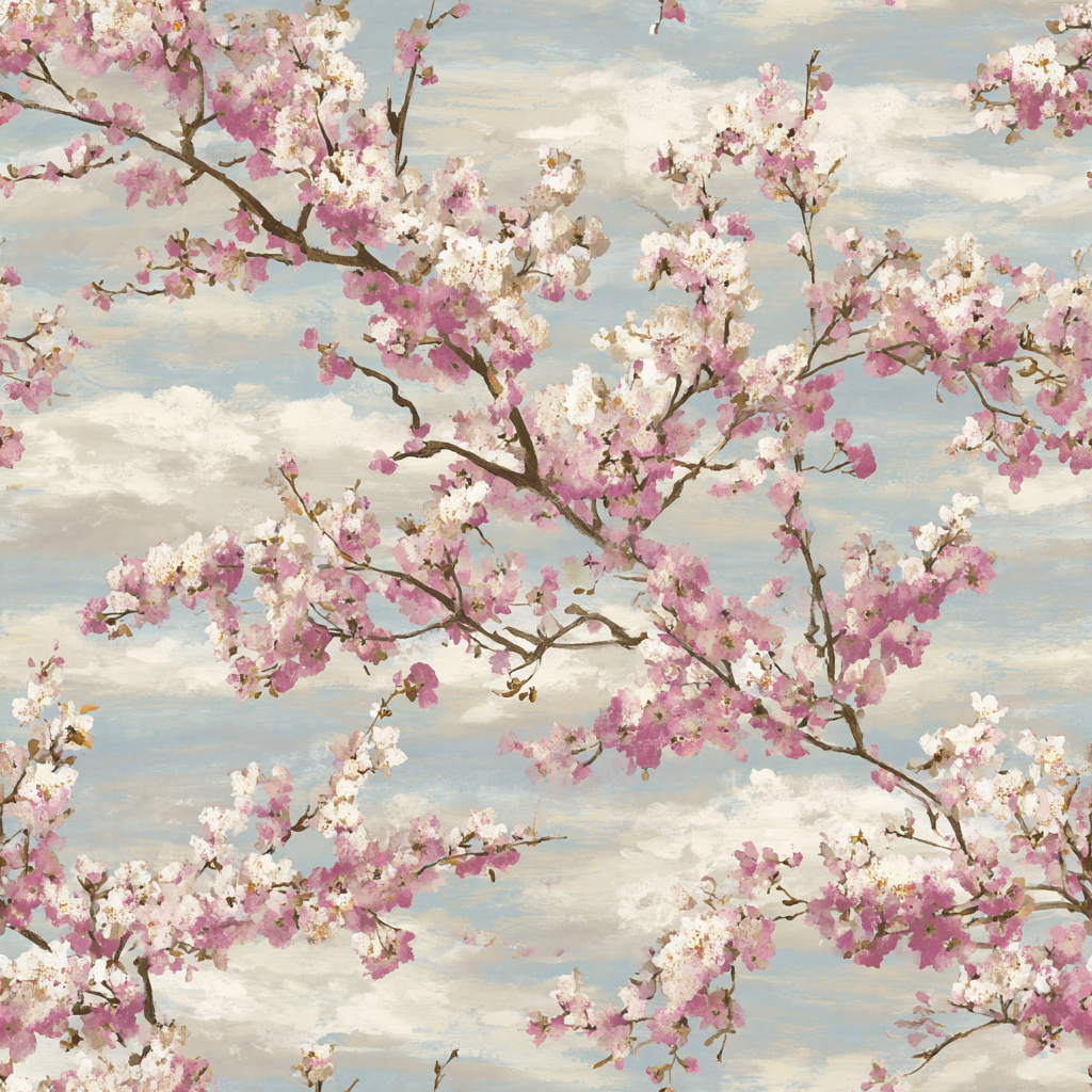 Floral wallpaper in pink and white with a cloud pattern.

