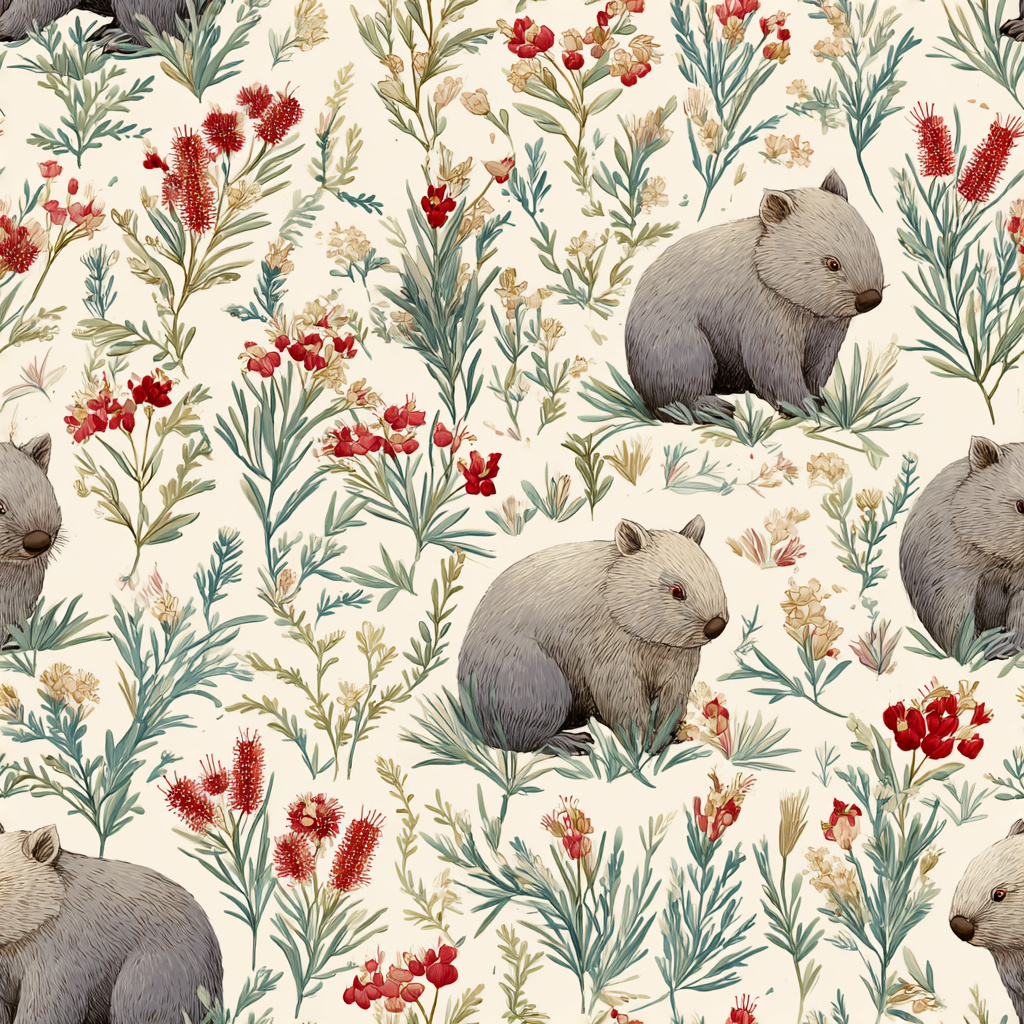 Wattle hollow wallpaper with wombat and floral pattern, featuring red and cream flowers.