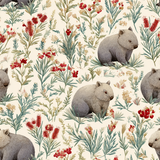 Wattle hollow wallpaper with wombat and floral pattern, featuring red and cream flowers.