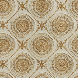 Gilded medallion wallpaper with a reign pattern, showing ornate circles and gold floral accents.
