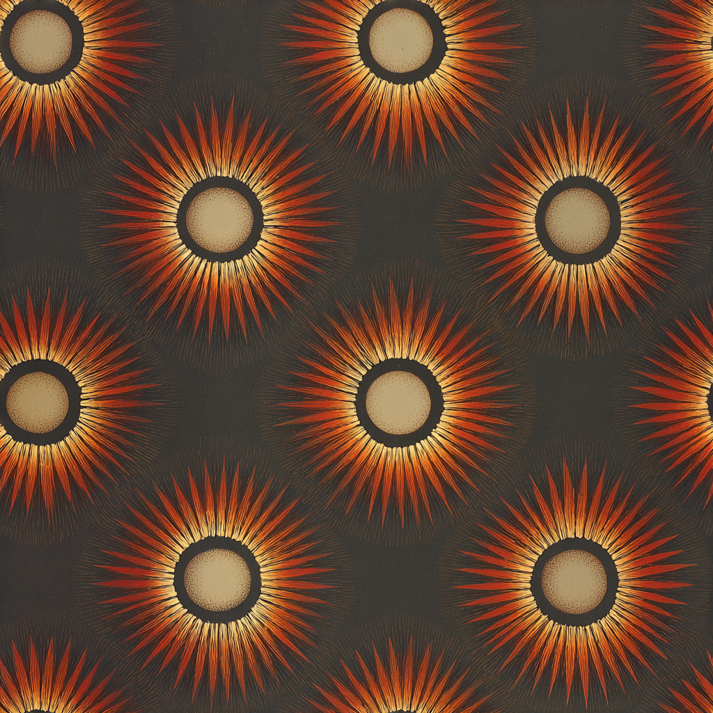 Patterned wallpaper with orange bursts from circular centers on a dark gray background.
